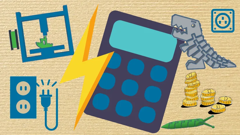 3D printing electricity cost calculator illustration with lightning bolt, plug icon and coins