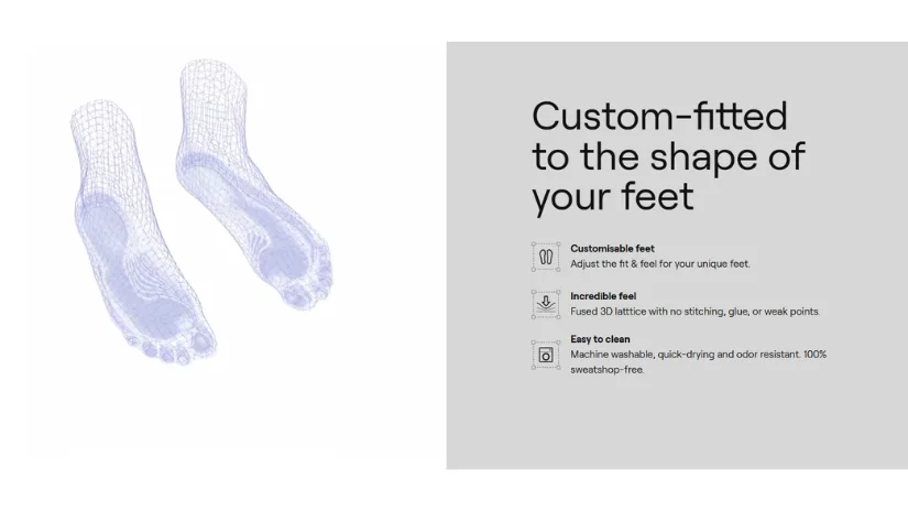 Zellerfeld custom foot scanning interface showing 3D foot models and fit adjustment information