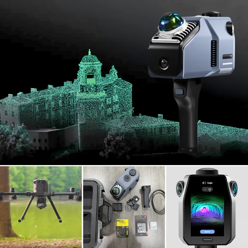 3DMakerpro Eagle LiDAR spatial 3D scanner overview showing scanner hardware, drone integration, accessories, and scanning interface