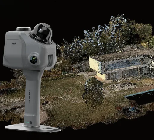 3DMakerpro Raven LiDAR spatial 3D scanner with example point cloud scan of a house and surroundings