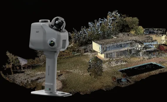 3DMakerpro Raven LiDAR spatial 3D scanner with example point cloud scan of a house and surroundings