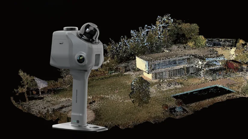 3DMakerpro Raven LiDAR spatial 3D scanner with example point cloud scan of a house and surroundings