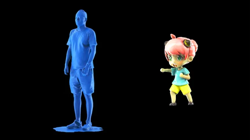 Full-body scan captured with the L Module and a full-color figurine scanned with the S Module