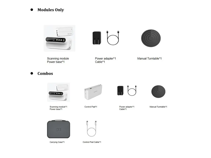 3DMakerpro Turtle modular 3D scanner packages showing the Modules Only and Combo configurations with included accessories