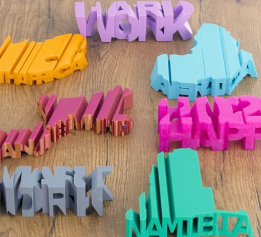 Text-flip 3D print examples including word-to-word and word-to-shape design