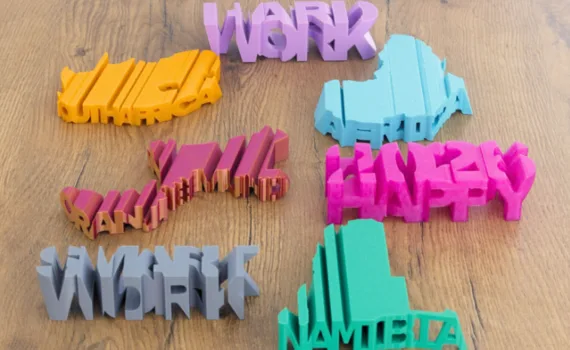 Text-flip 3D print examples including word-to-word and word-to-shape design