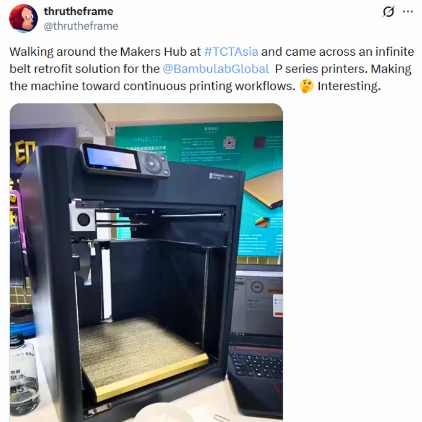 Bambu Lab P series 3D printer with conveyor belt retrofit shown at TCT Asia