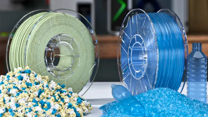 Spools of recycled filament made from purge waste and plastic bottles in the Creality recycling workflow