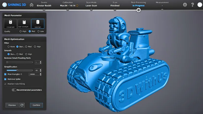 EXStar Hub mesh preview showing detailed 3D scan of DeathRacer captured in Blue Laser mode