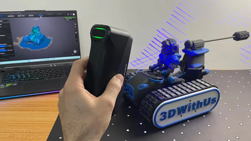 EINSTAR Rockit using blue laser mode to scan a 3D printed DeathRacer model with visible laser lines
