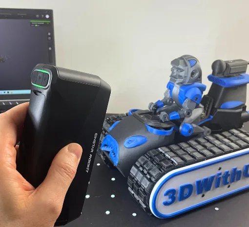 EINSTAR Rockit 3D scanner scanning a 3D printed DeathRacer model with EXStar Hub software preview on laptop