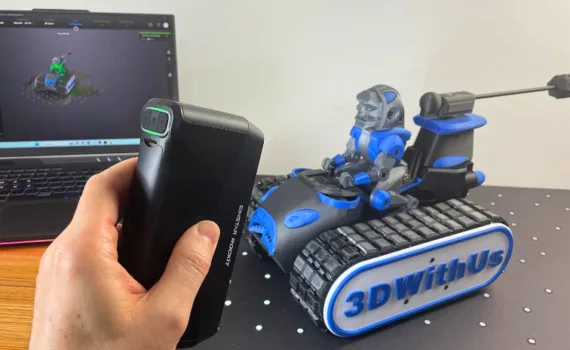 EINSTAR Rockit 3D scanner scanning a 3D printed DeathRacer model with EXStar Hub software preview on laptop