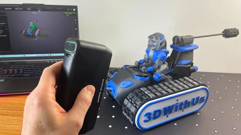 EINSTAR Rockit 3D scanner scanning a 3D printed DeathRacer model with EXStar Hub software preview on laptop