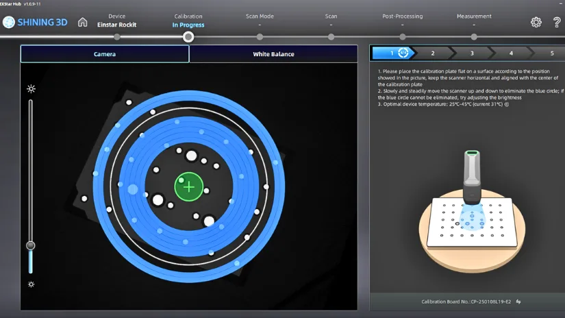 EXStar Hub calibration interface showing EINSTAR Rockit calibration process with calibration board alignment