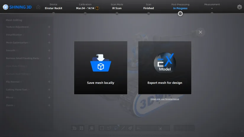 EXStar Hub export options showing save mesh locally and export model with file format selection