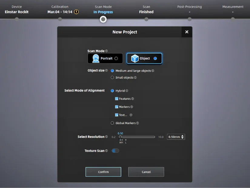 EXStar Hub new project settings showing IR scan mode, alignment options, and resolution selection