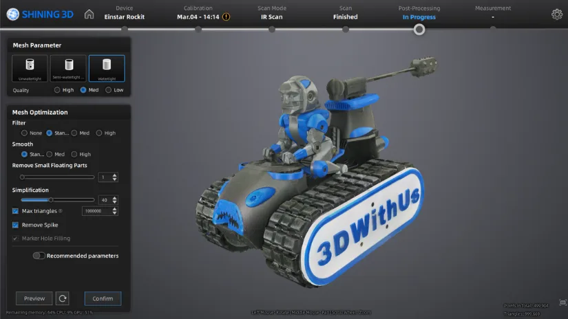 EXStar Hub software showing post-processing interface with fully scanned 3D DeathRacer model