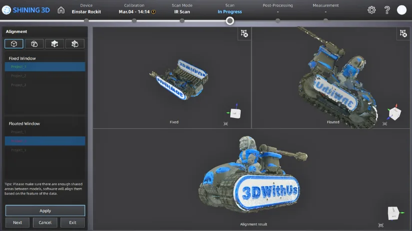 EXStar Hub project alignment interface combining multiple scans of a DeathRacer model