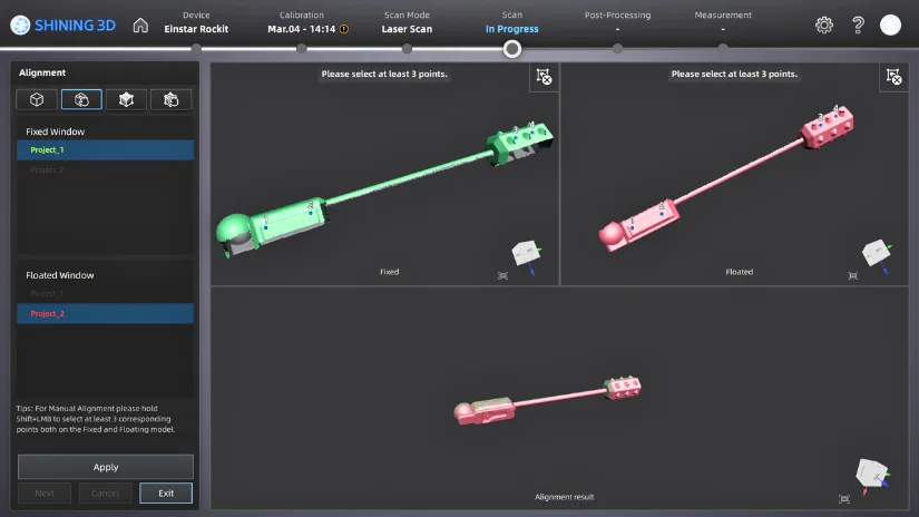 EXStar Hub manual alignment interface showing reference point alignment for a cylindrical object scan
