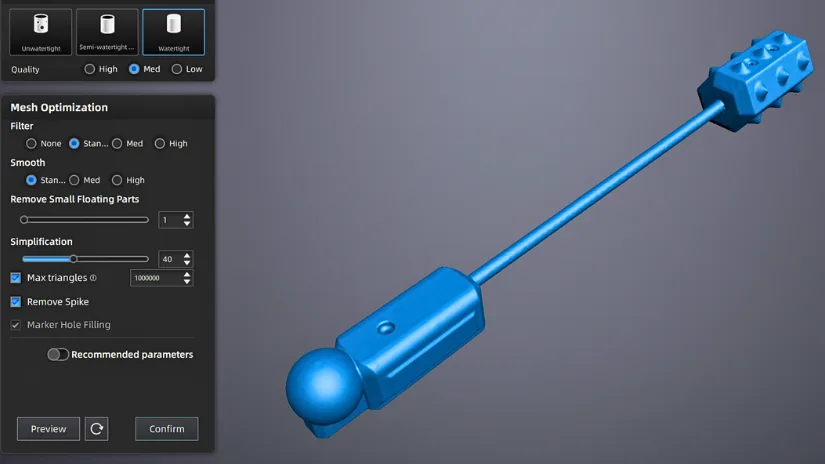 EXStar Hub mesh preview showing a cleaned 3D scan of a cylindrical Bludgeon weapon