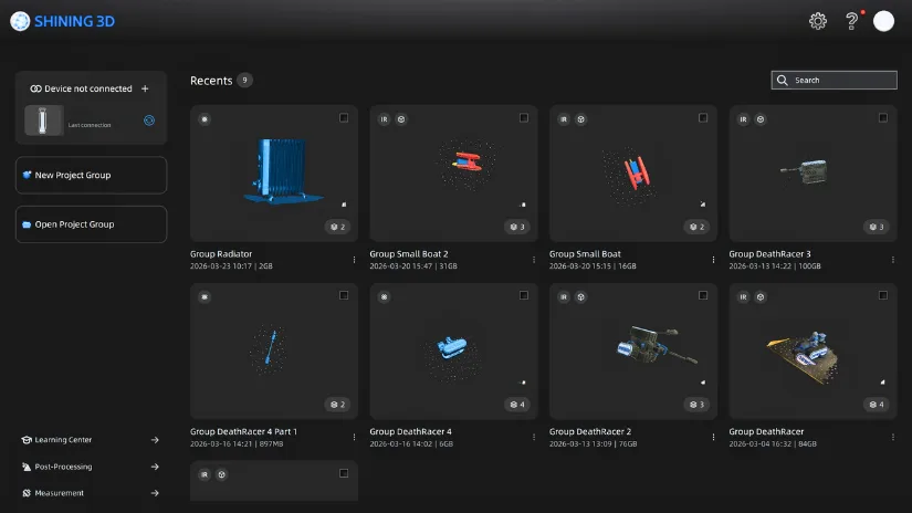 EXStar Hub home interface showing recent 3D scanning projects and project groups