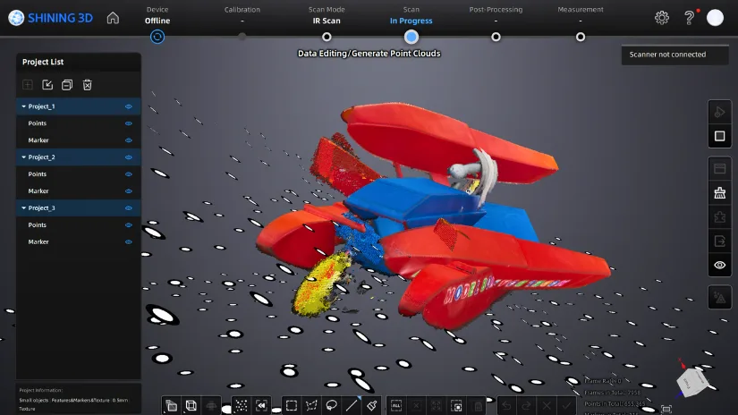 EXStar Hub showing multiple misaligned 3D scans of an RC boat before alignment