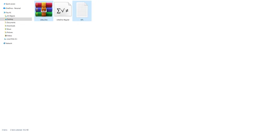 File explorer showing the downloaded font zip copied into the project folder and extracted