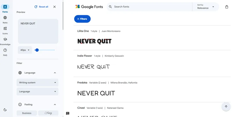Google Fonts preview with the word MADAGASCAR entered in uppercase