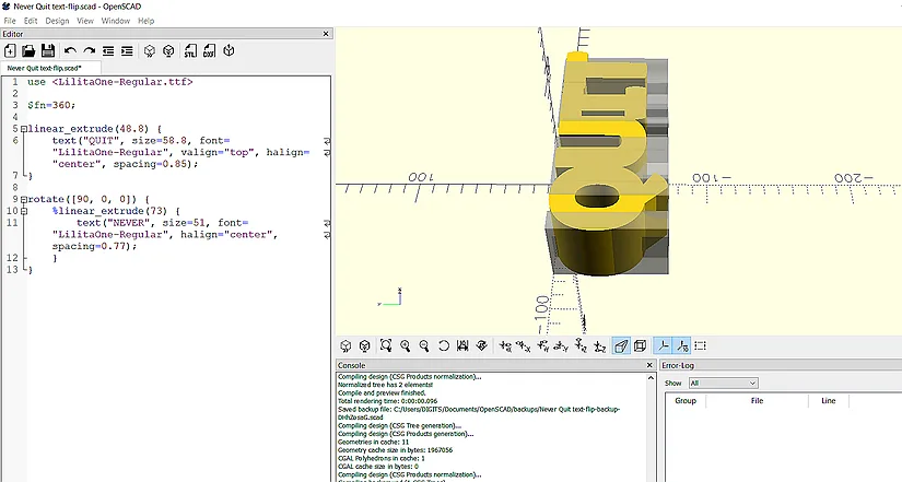 OpenSCAD side view used to check overlap between the two words