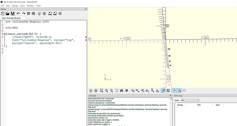 OpenSCAD code with the first word commented out