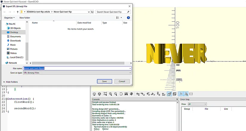 OpenSCAD export window for saving the text-flip as an STL file