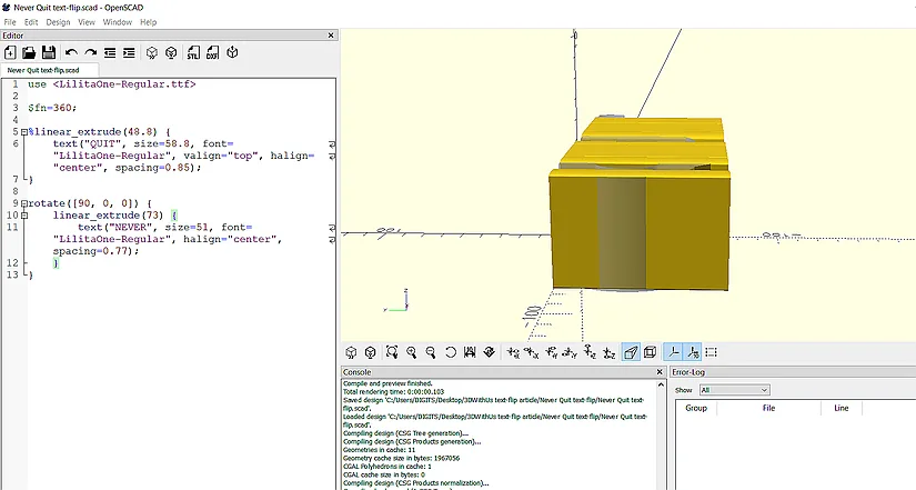 OpenSCAD showing the second word extruded to overlap the hidden first word