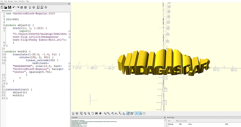 OpenSCAD preview of the finished MADAGASCAR text-flip model