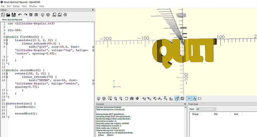 OpenSCAD preview of the finished word-to-word text-flip model