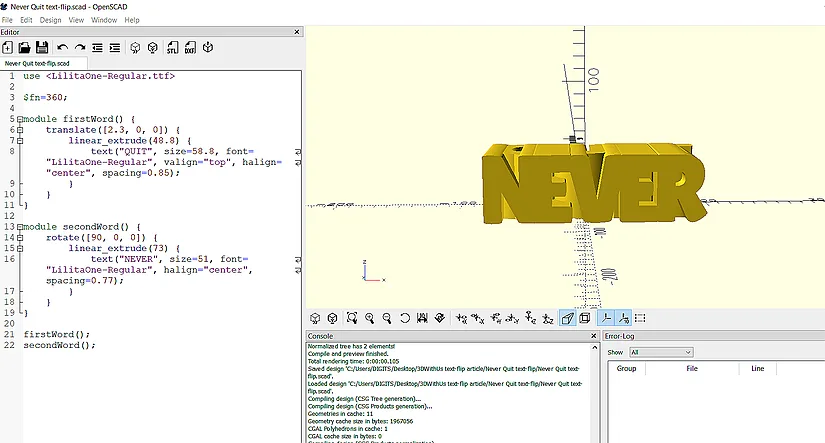 OpenSCAD code with firstWord and secondWord modules created