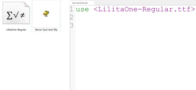 OpenSCAD code importing a font file with a use statement