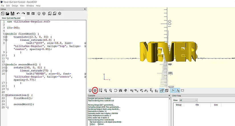 OpenSCAD showing the intersection of the two word modules