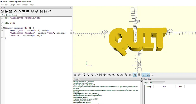 OpenSCAD showing the first word converted into a 3D object with linear_extrude