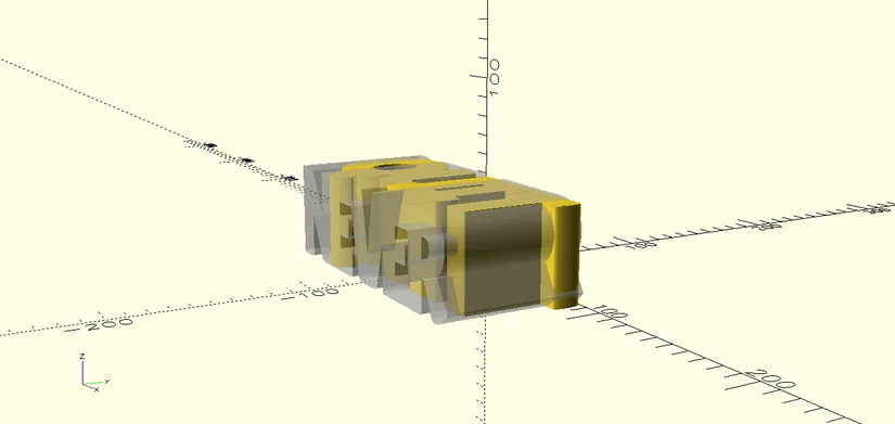 OpenSCAD perspective view showing overlap between two text objects
