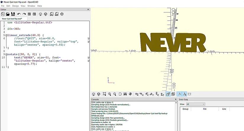 OpenSCAD showing the second word rotated forward on the x-axis