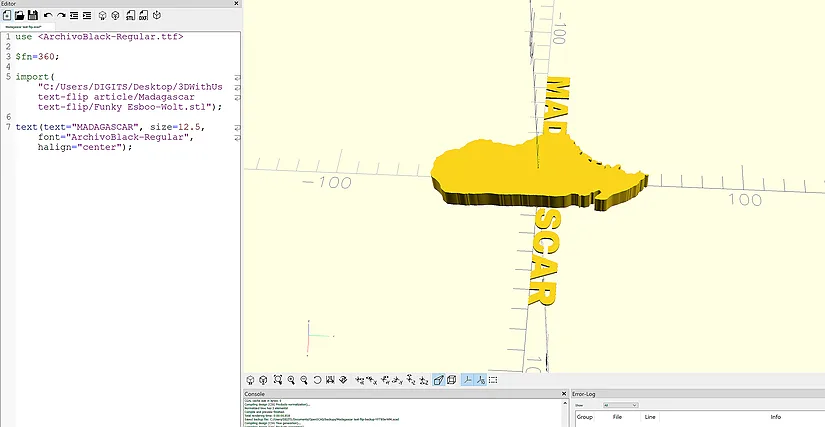 OpenSCAD showing the text rotated to intersect with the imported shape
