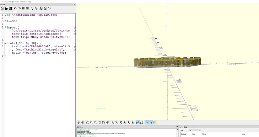 OpenSCAD side view of the word and imported shape