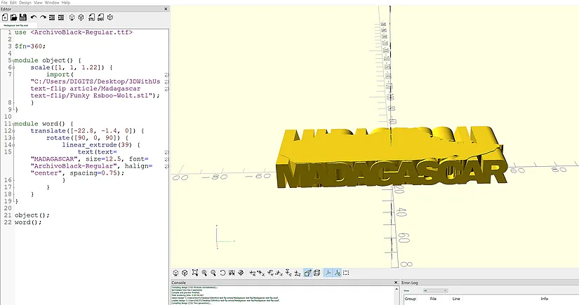 OpenSCAD view showing the word and shape intersection setup