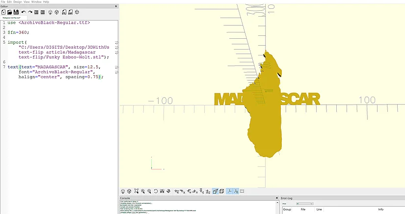 OpenSCAD front view of the word and imported shape aligned together