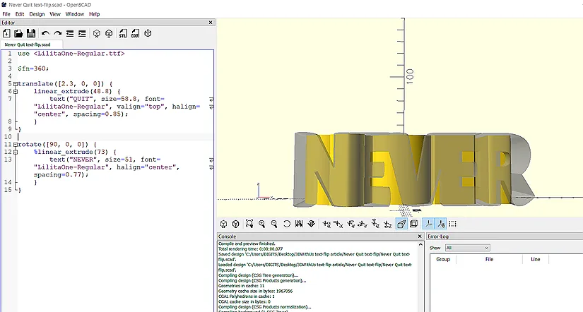 OpenSCAD showing translate adjustments for better alignment between the words