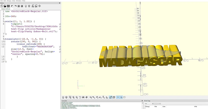 OpenSCAD showing separate modules for the word and the 3D shape