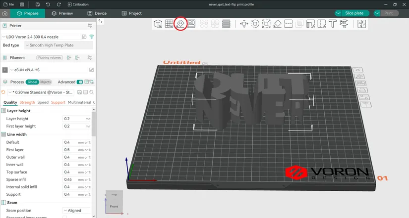 OrcaSlicer showing a text-flip model in the slicer workspace