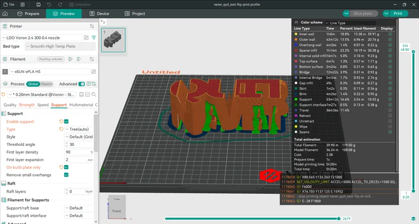 OrcaSlicer showing print settings for the text-flip model