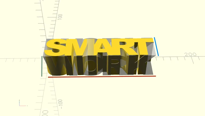 OpenSCAD preview showing SMART text intersecting with another object in a text-flip design