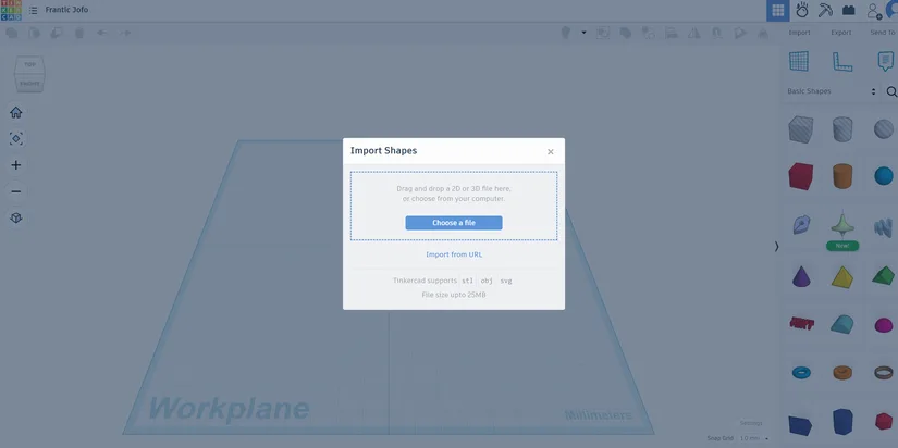 Tinkercad import dialog for loading an SVG file